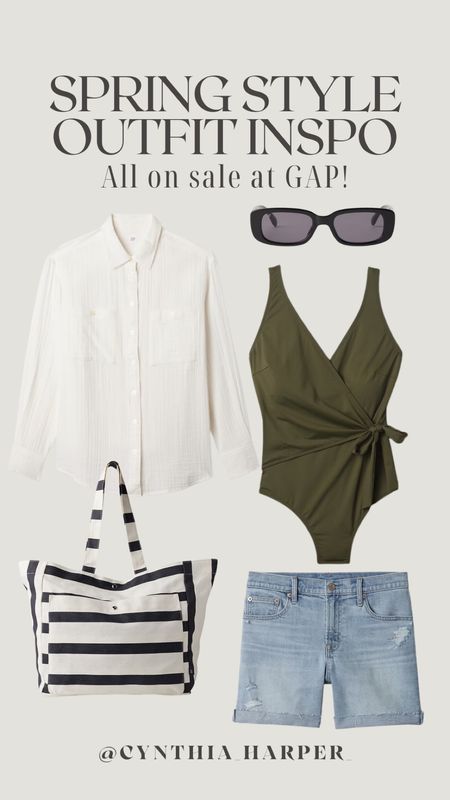 Spring Style Inspo from GAP on sale! 

One piece, swimsuit, cute swimsuit, affordable swim, coverup, white linen shirt, denim shorts, mom shorts, stripe bag, sunglasses