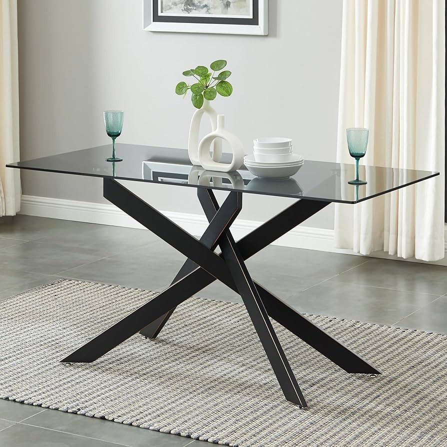 Modern Style Dining Table with Gray Tempered Glass Top and Black Metal Tubular Legs, 58.5”Lx29... | Amazon (US)