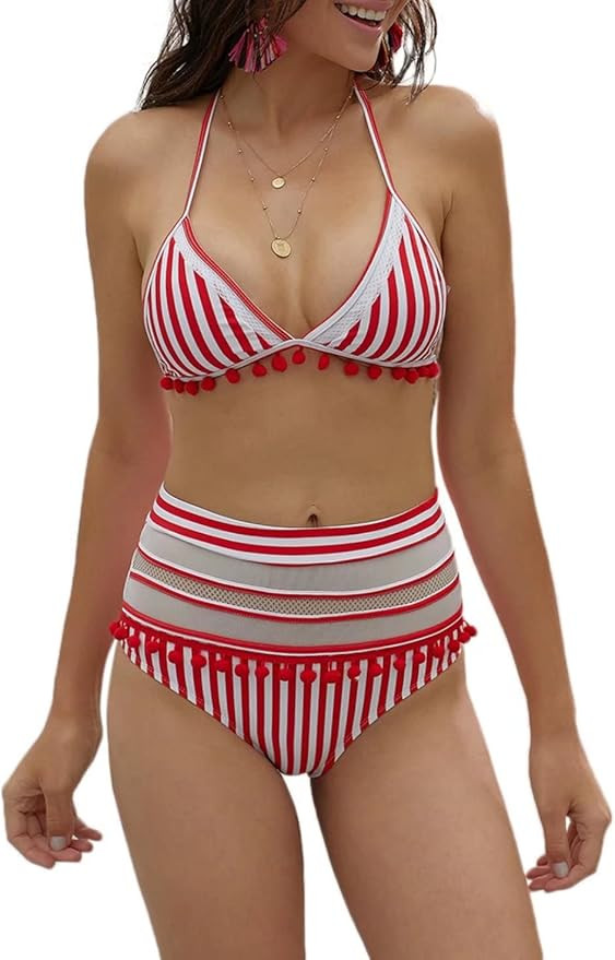 Dokotoo Womens High Waist Two Pieces Bikini Set Striped Tassel Swimsuit | Amazon (US)