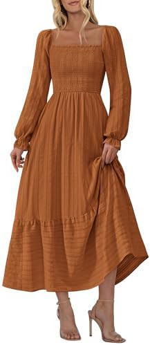 BTFBM Women Maxi Fall Dresses 2025 Long Sleeve Solid Color Square Neck Smocked Boho Long Wedding ... | Amazon (US)
