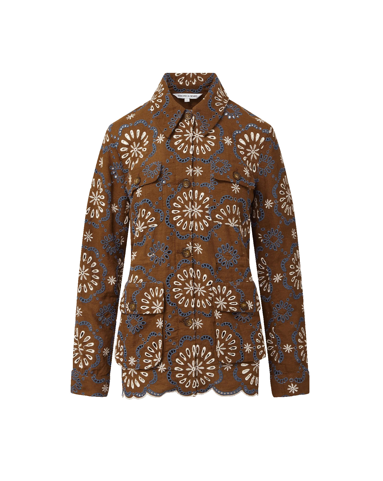 Kiki Embroidered Linen Eyelet Jacket in Brown | Veronica Beard | Veronica Beard