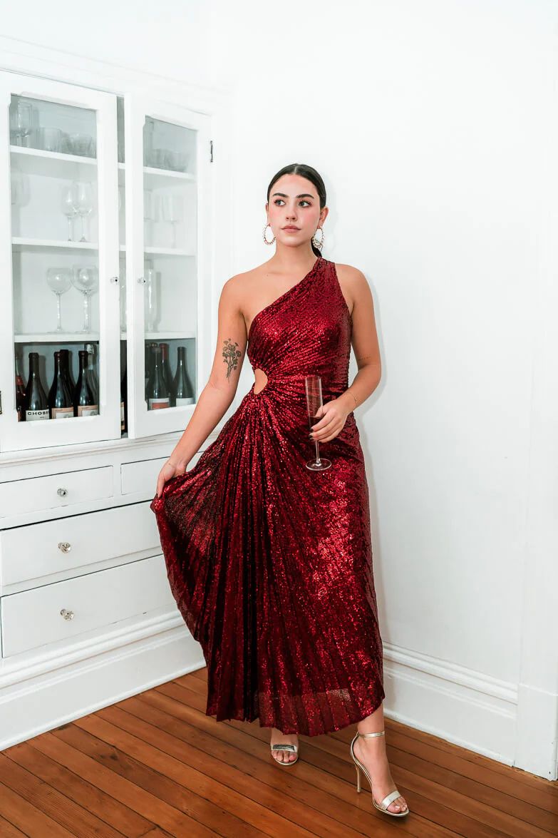 Olympia Red Sequin Pleated One Shoulder Gown | Confête