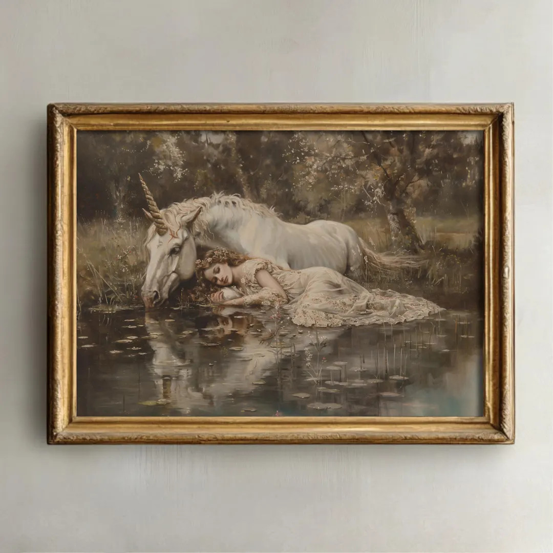 Unicorn & Woman Moody Wall Art, Vintage Fairytale Aesthetic, Dark Academia Prints, Antique Home D... | Etsy (US)
