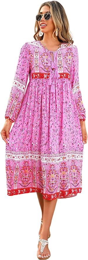 R.Vivimos Women's Long Sleeve Floral Print Retro V Neck Tassel Bohemian Midi Dresses | Amazon (US)