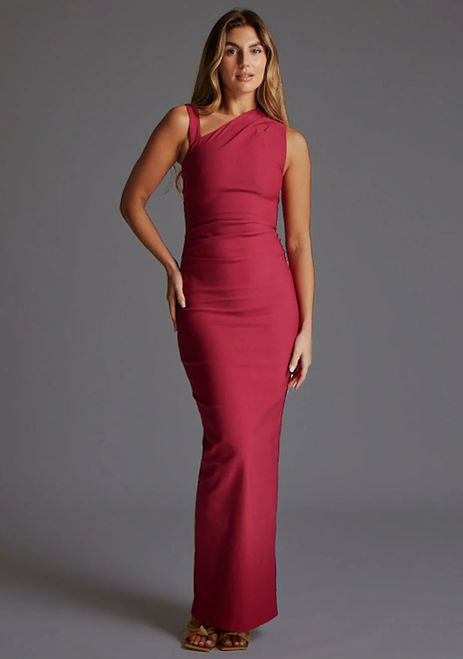 Wyatt | One Shoulder Ruched Bodycon Raspberry Maxi Dress | VSPR US
