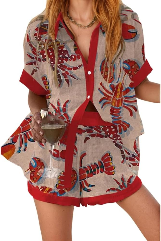 Akivide Women's Summer Graffiti Graphic Beachwear 2 Piece Set Hawaiian Short Sleeve Button Down S... | Amazon (US)