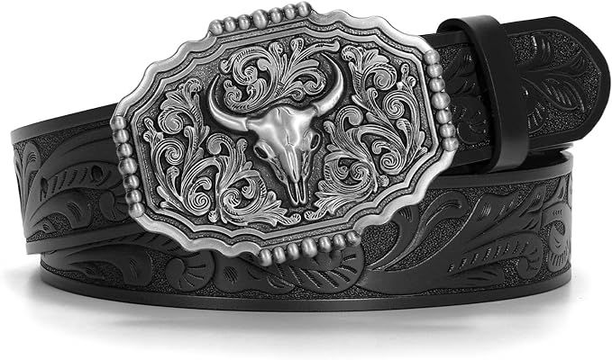 Western Belts for Woman Men, Cowboy Cowgirl Belt Embossed Western Country Bull Buckle Leather Bel... | Amazon (US)