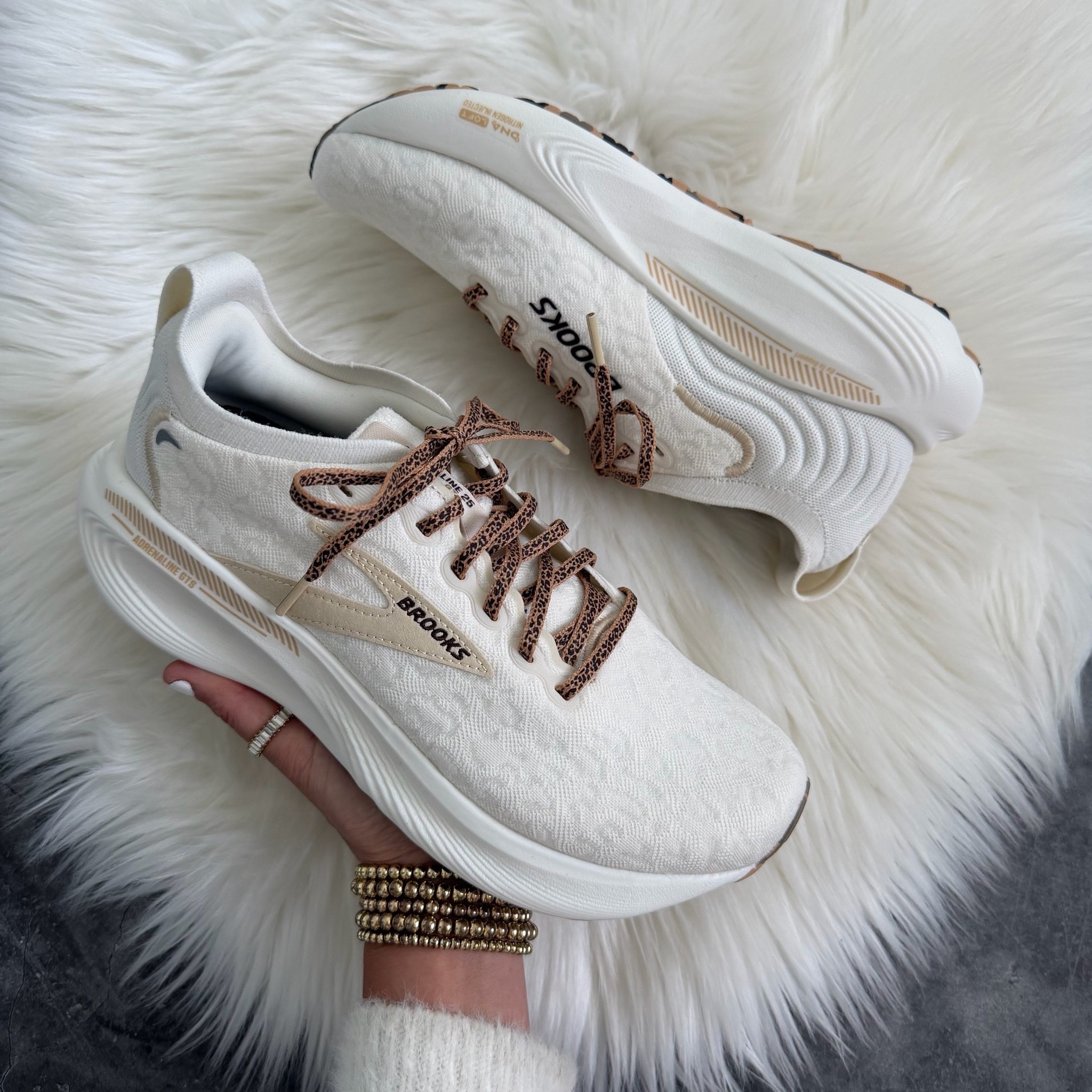 Brooks leopard laces adrenaline gts 25 running sneakers in coconut tofu creme runs true to size