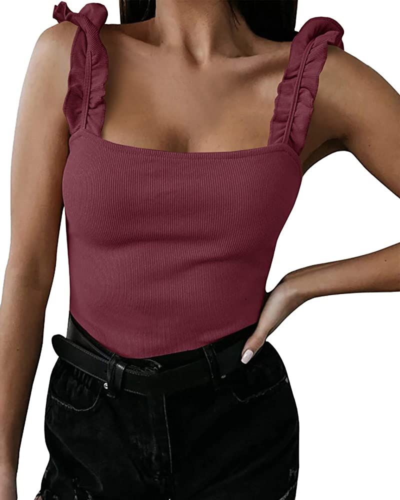 Imysty Women's Square Neck Ruffle Strap Stretchy Ribbed Basic Cami Bodysuit Jumpsuits | Amazon (US)