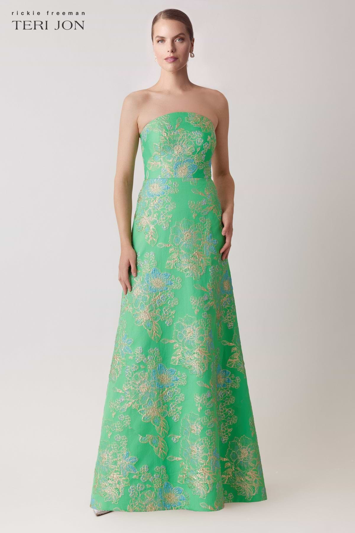 Sleeveless Metallic Multi Jacquard Gown | TERI JON