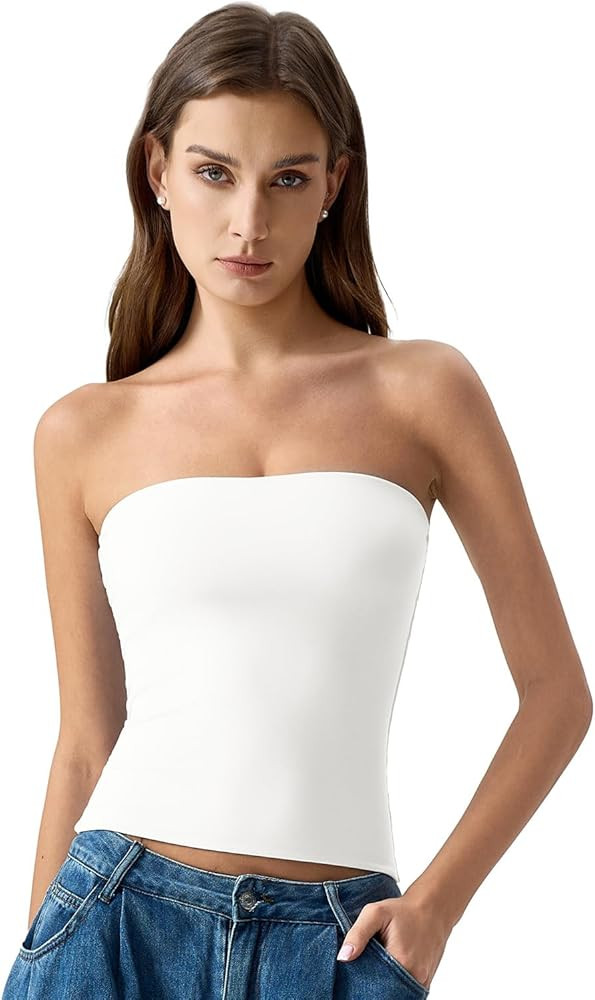 QINSEN Women's Tube Top Double Lined Strapless Bandeau Top Summer Slim Fit Going Out Tank Tops | Amazon (US)