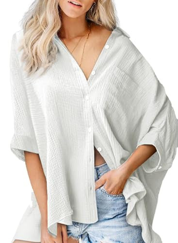 Astylish Oversized Tshirts Shirts for Women Plus Size Button Down Cotton Loose V-Neck 3/4 Sleeve Summer Linen Tops White Small | Amazon (US)