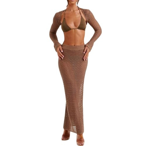 Crochet Knit 2 Piece Skirt Set for Women Long Sleeve Knit Top Hollow Out Bodycon Skirt Set Beachwear Streetwear | Amazon (US)