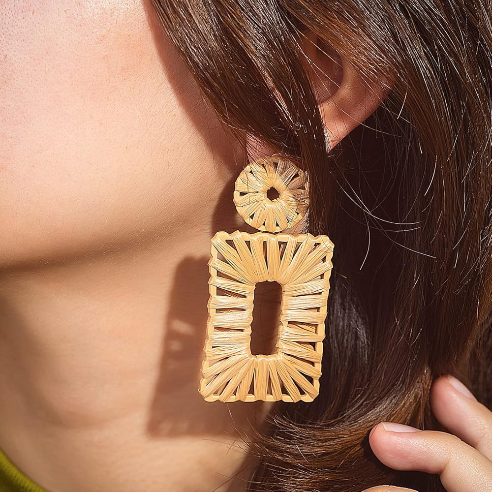 Statement Raffia Earrings Boho Square Drop Earrings Geometric Dangle Earrings for Women Gift Jewe... | Amazon (US)