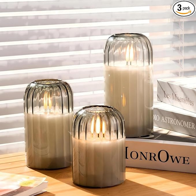 Glass Ribbed Flameless Candles - Battery Candles with Remote Timer, Green Glass LED Candles with ... | Amazon (US)