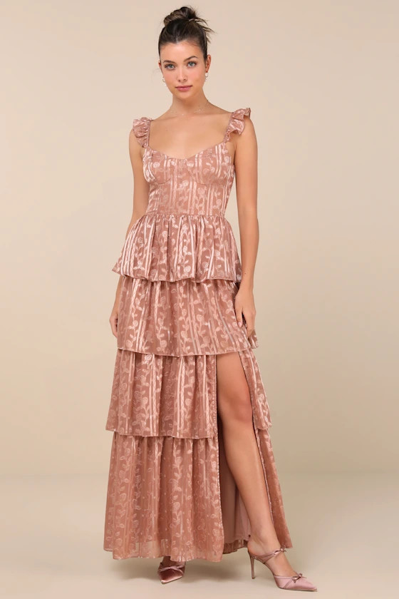 Stunning Glory Dusty Pink Floral Jacquard Tiered Maxi Dress | Lulus