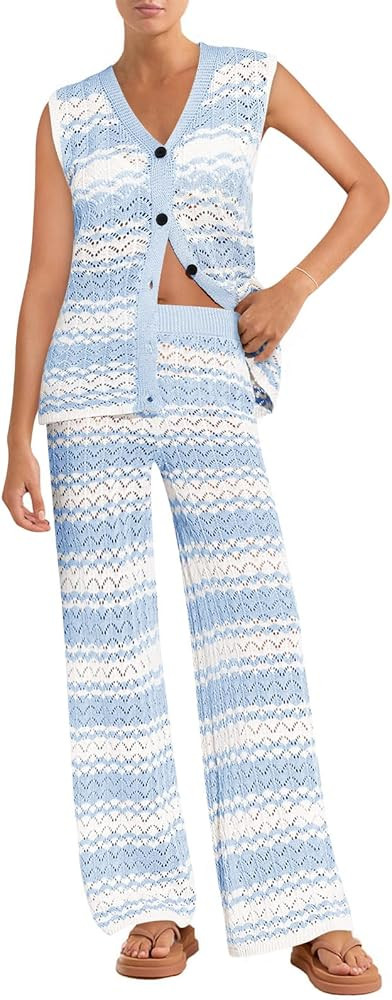 Imily Bela Womens 2 Piece Cover up Crochet Sets Striped Sleeveless Vest Tops Wide Leg Pants Summe... | Amazon (US)