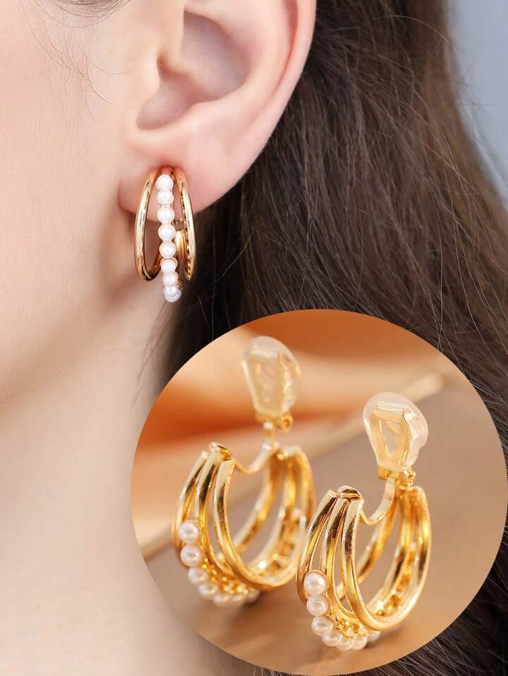 1 Pair Fashion Multi-Layer Pearl-Like Round Hoop Earrings For Women, Earclips, No Pierced Ears, H... | SHEIN