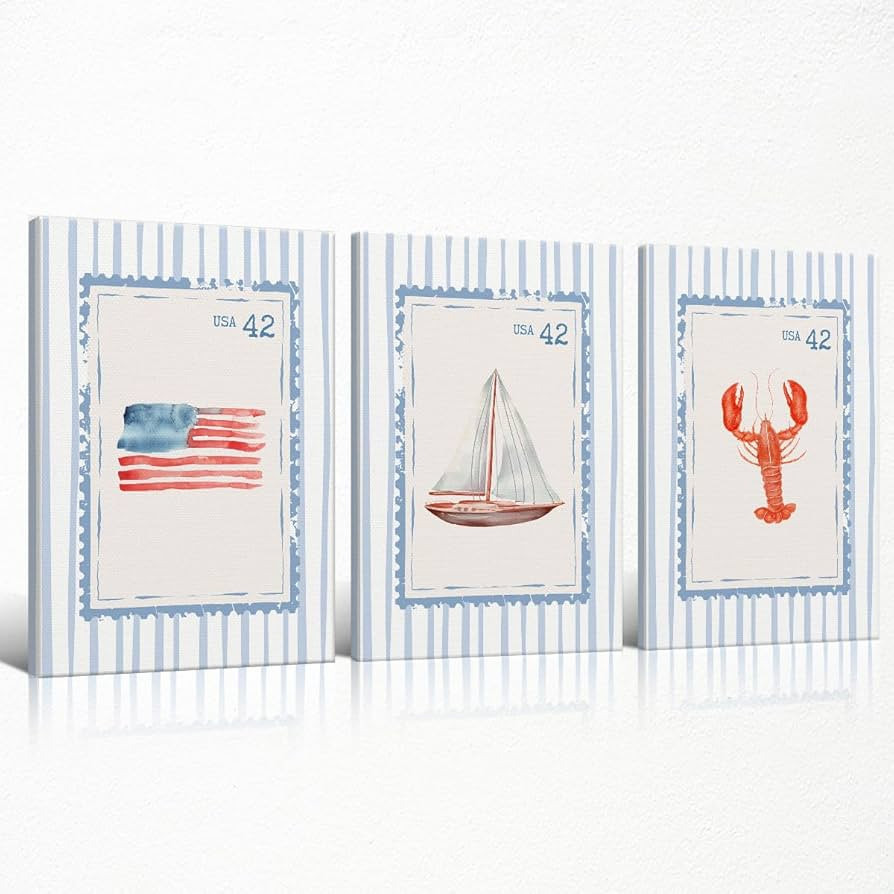 Blue Coastal Beach Canvas Wall Art, Patriotic American Flag Poster, Rustic Nautical Boat Picture,... | Amazon (US)