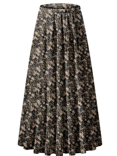 NASHALYLY Women's Chiffon Elastic High Waist Pleated A-Line Flared Maxi Skirts(Black Coffee Floral,3XL) | Amazon (US)