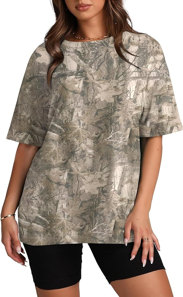 Oversized Camo Shirts for Women Men Maple Leaf Print Short Sleeve Crewneck T-Shirt Casual Loose Y... | Amazon (US)