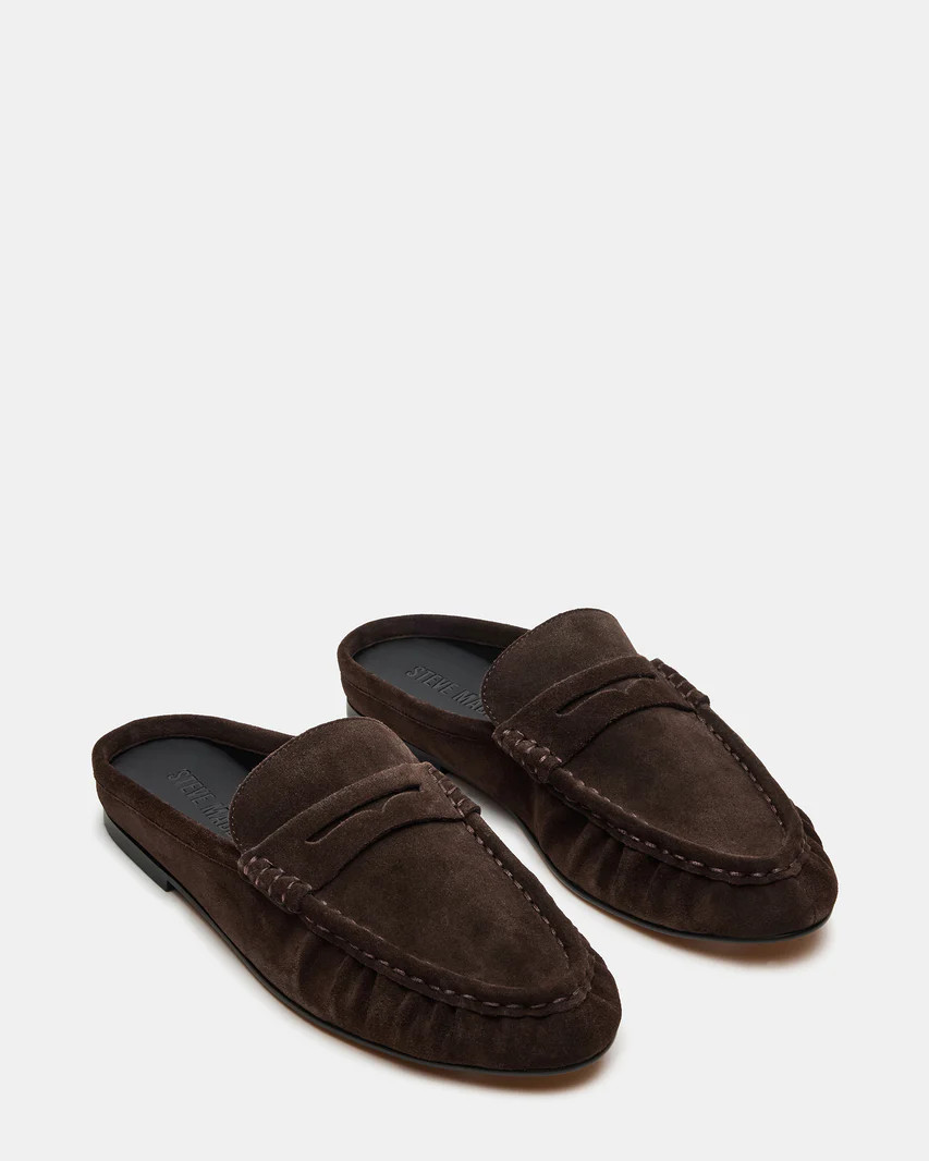 RAFE Chocolate Brown Suede Slip-On Mule Women's Flat | Steve Madden (US)