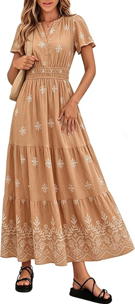 Simplee Womens Summer Boho Maxi Dress Casual V Neck Short Sleeve Dress Floral Tiered Flowy Weddin... | Amazon (US)