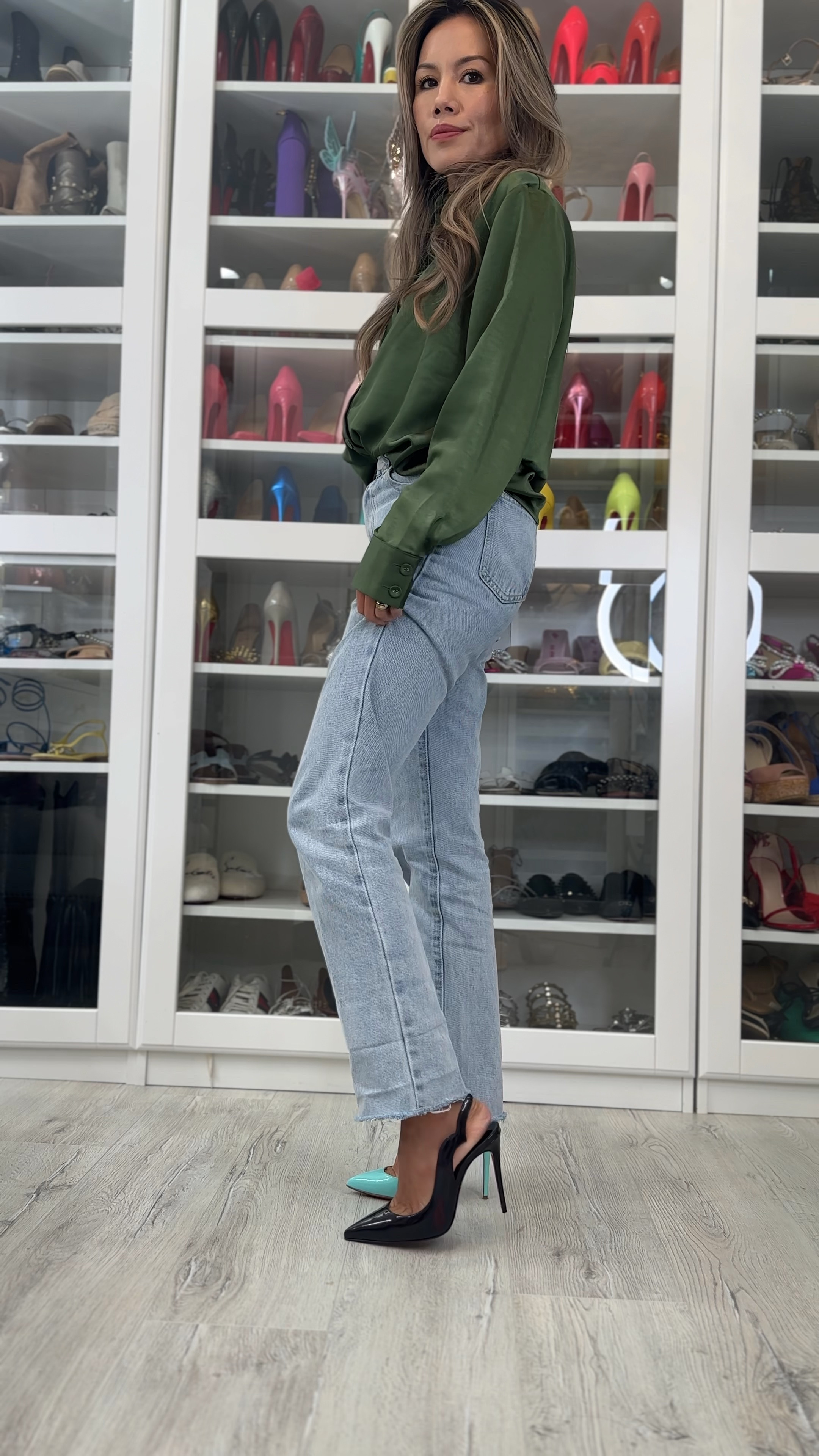 Christian Louboutin shoes. Olive Green Button Down shirt and light wash blue denim jeans under $100. 

#LTKshoecrush #LTKstyletip #LTKfindsunder100