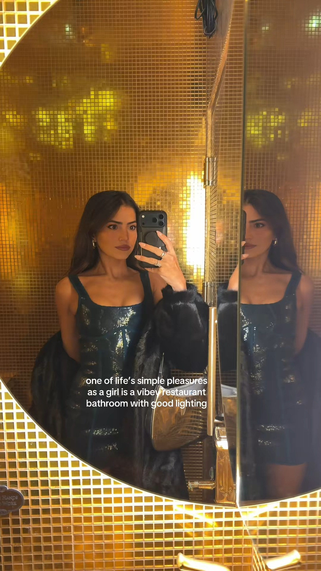 one of life's simple pleasures as a girl is a vibey restaurant bathroom with good lighting ✨ birthday outfit inspo,  birthday dress, mini dress, fur coat 

 #LTKgrwm #LTKootd