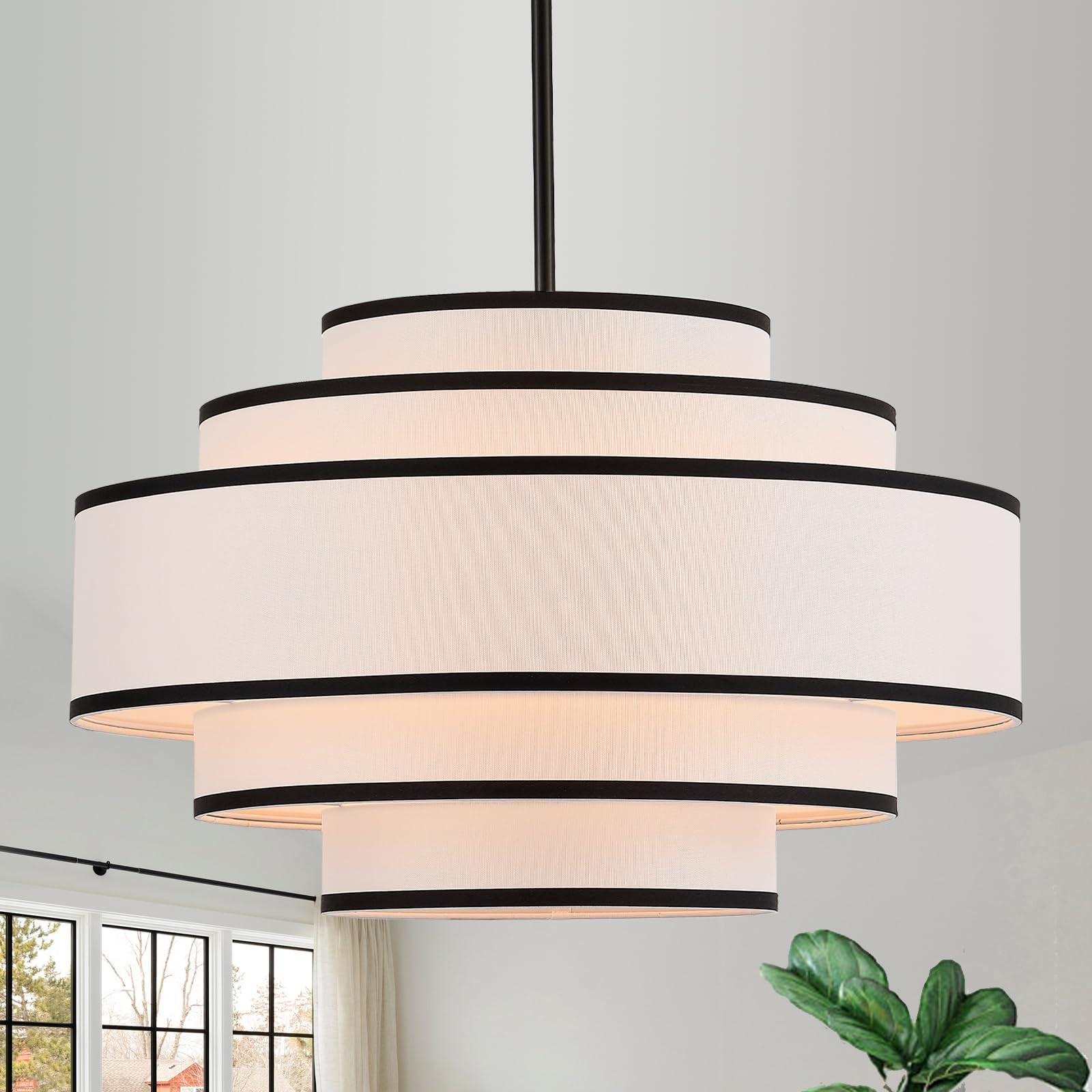 19.7" Black Drum Chandelier with White Linen Lampshade 4-Light Modern Farmhouse Chandelier Light ... | Amazon (US)