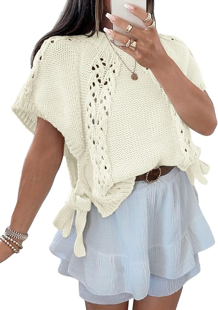 Saodimallsu Womens Summer Crochet Sweaters Batwing Cap Sleeve Cable Knit Crewneck Side Tie Casual... | Amazon (US)