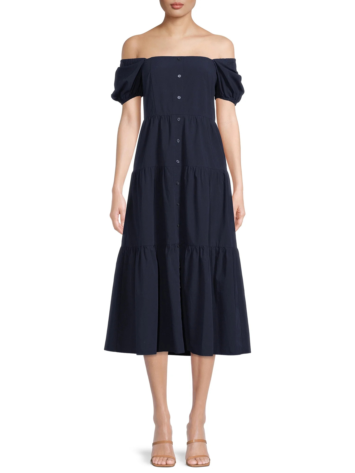 Time and Tru Women's Button Front Short Sleeve off Shoulder Dress | Walmart (US)