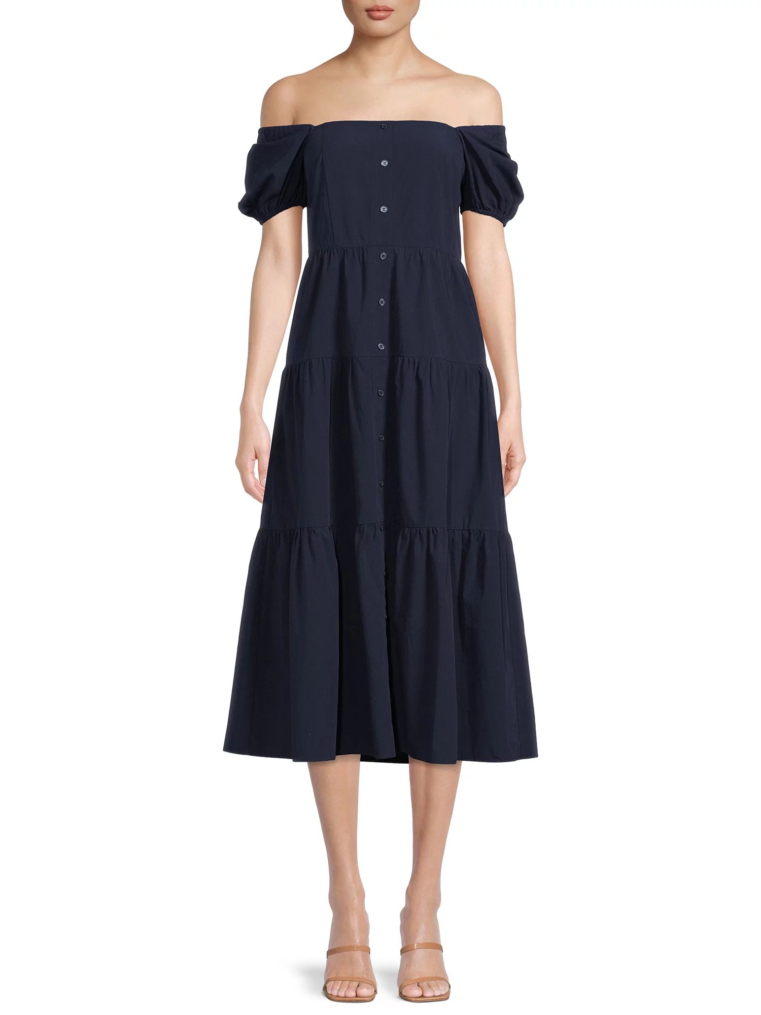 Time and Tru Women's Button Front Short Sleeve off Shoulder Dress | Walmart (US)