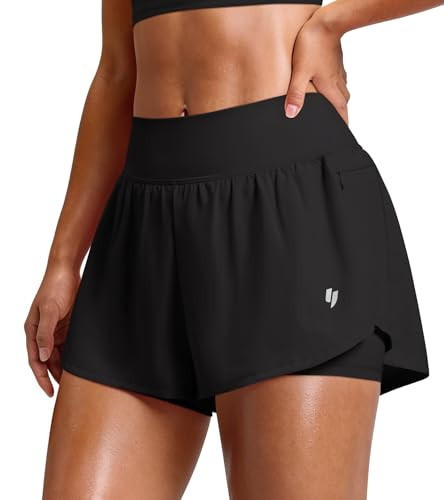 YEOREO Running Shorts for Women 2 in 1 High Waisted Quick Dry 4" Hafsany Workout Gym Shorts with Zip Pocket Black | Amazon (US)
