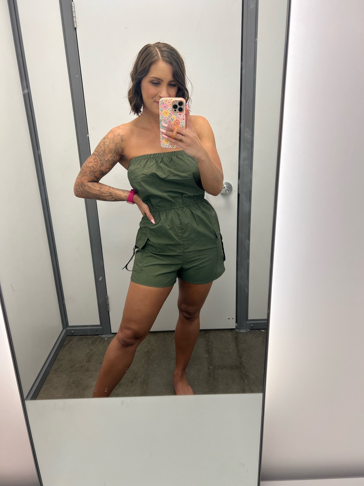 The cute romper. Stretchy waist and around the top. Has cargo pockets. I’m wearing a small  

#LTKSeasonal #LTKTravel #LTKFindsUnder50