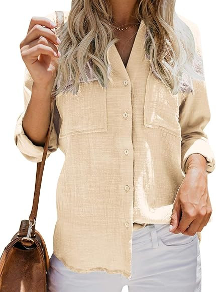 Womens Long Sleeve Shirt Oversized V Neck Blouse Button Down Shirt Casual Loose Summer Tops | Amazon (UK)