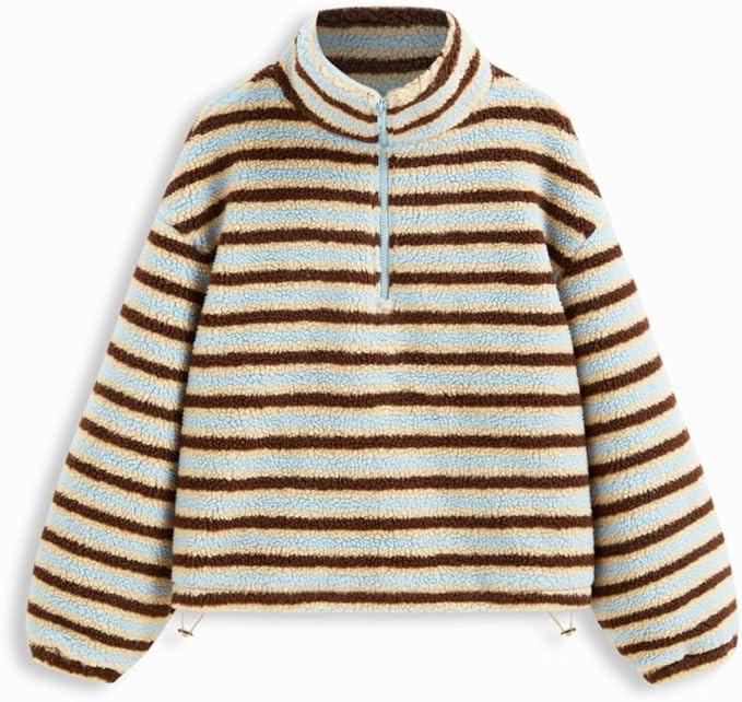 FeMereina Women Fleece Half Zip Sweatshirt Y2k Stand Collar Long Sleeve Striped Pullover Fuzzy Sh... | Amazon (UK)