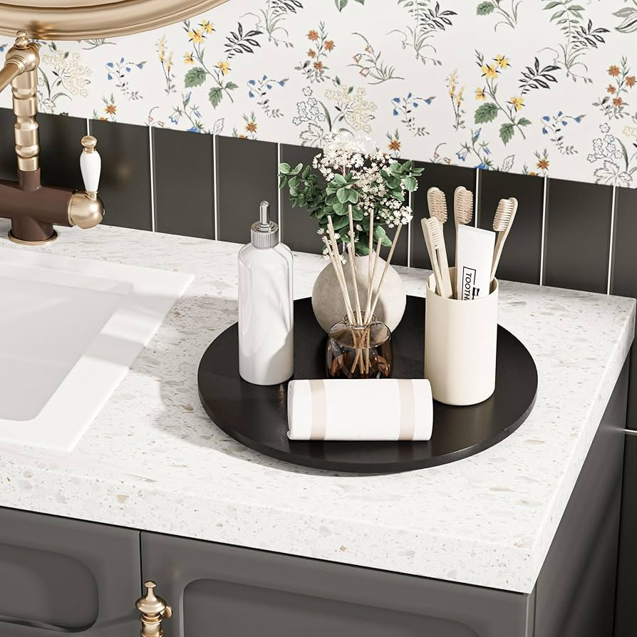 Bathroom Counter Organizer Lazy Susan, Black Vanity Tray for Bathroom Decor, Bamboo Lazy Susan Tu... | Amazon (US)