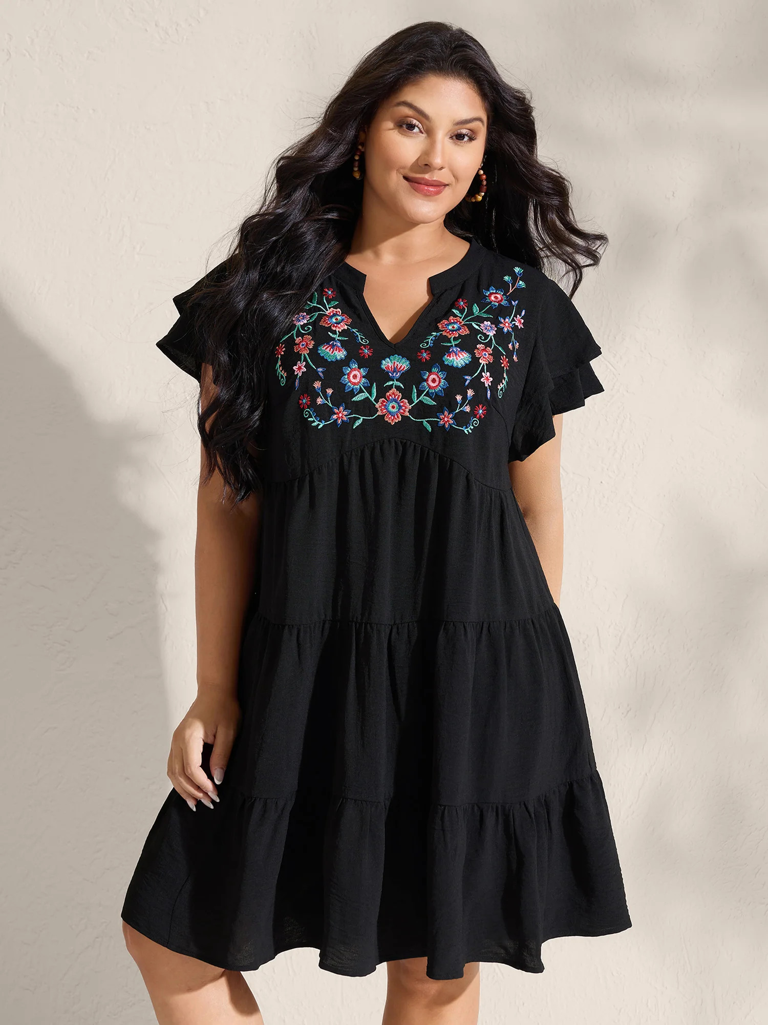 Embroidered Neckline A-Line Ruffled Knee-Length Dress | Bloomchic