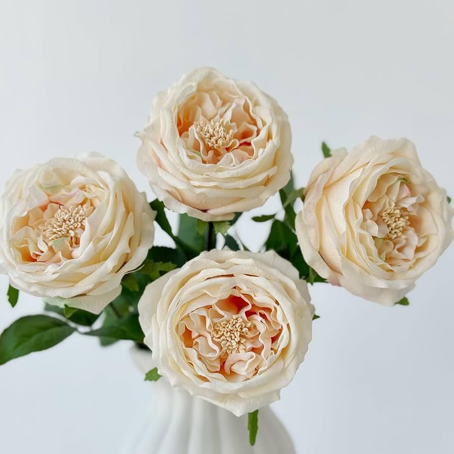 YalzoneMet 3.5'' Big Bloom Champagne Rose Artificial Flowers 4Pcs Real Touch Rose Faux 17.7Inch L... | Amazon (US)