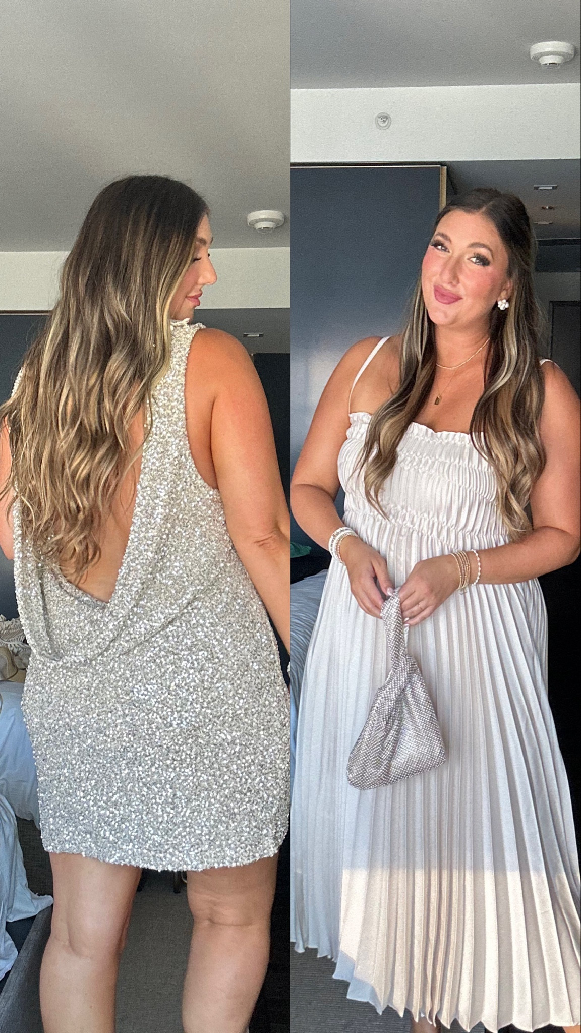Glam dress options for #ltkcon night 2! I think these would both be perf for a bachelorette, bride, Vegas, or holiday / NYE outfit! Wearing tts xl/14 in both, could’ve sized down in the sequin dress. Could’ve with pleats too bc it’s flowy but it wasn’t too big or anything! 

#LTKSeasonal #LTKCon #LTKMidsize