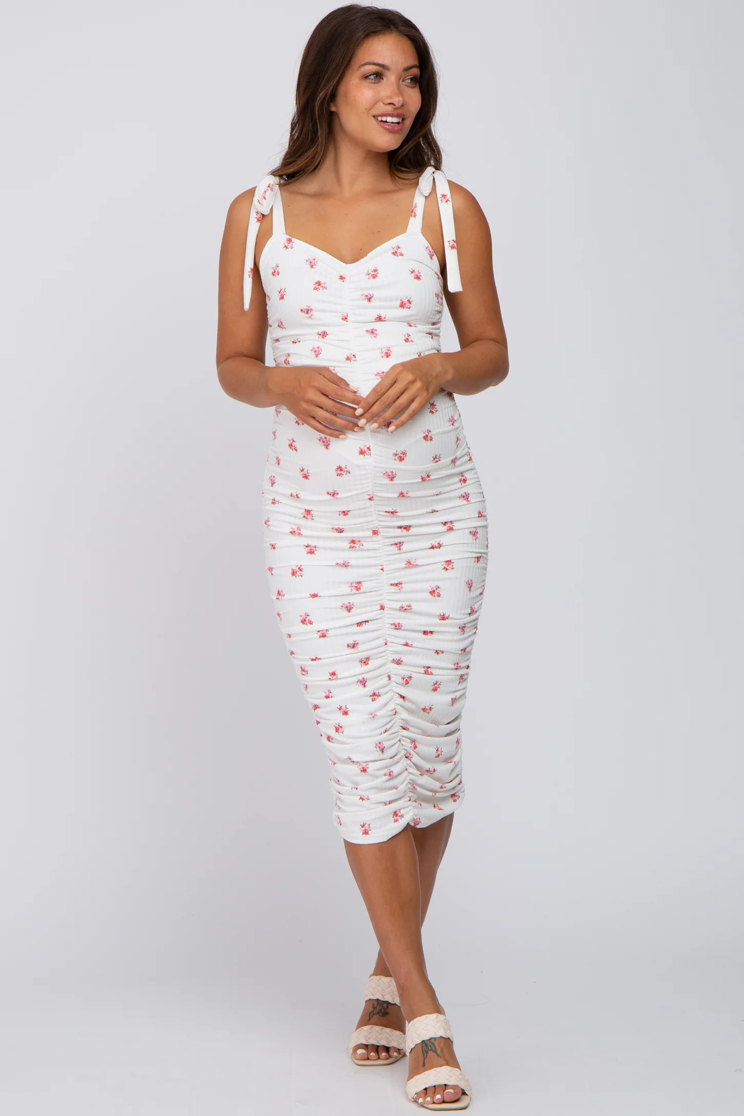 Ivory Floral Sleeveless Ruched Maternity Midi Dress | PinkBlush Maternity