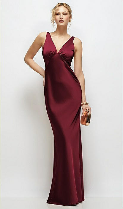 Sleeveless V-Neck Stretch Satin Bias Slip Maxi Dress in Cabernet | The Dessy Group