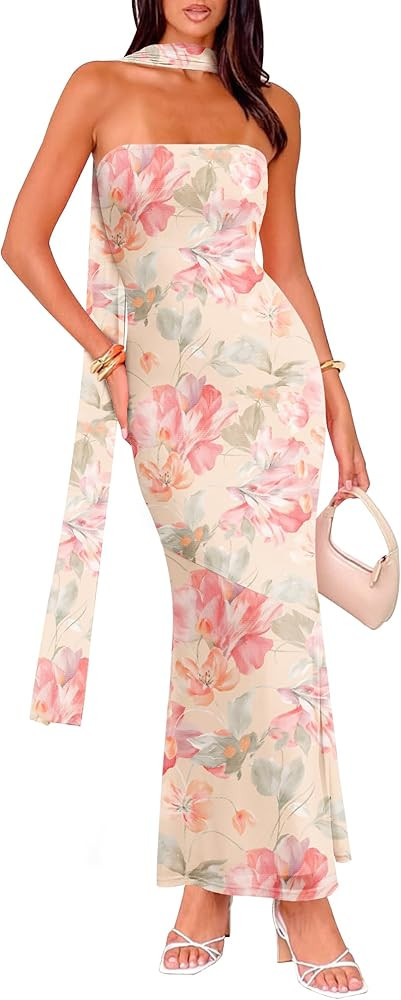 Women's Strapless Tube Dress Mesh Floral Summer Bodycon Long Maxi Cocktail Party Wedding Guest Dr... | Amazon (US)
