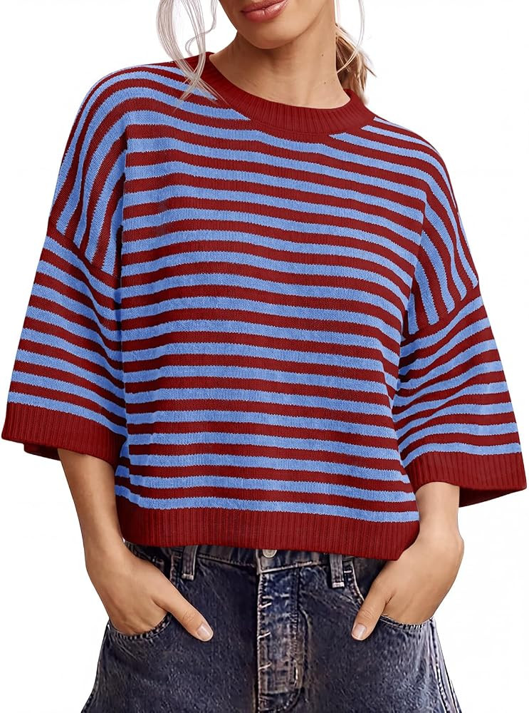 Saodimallsu Womens Short Sleeve Sweater Striped Oversized Sweaters Knit Top | Amazon (US)