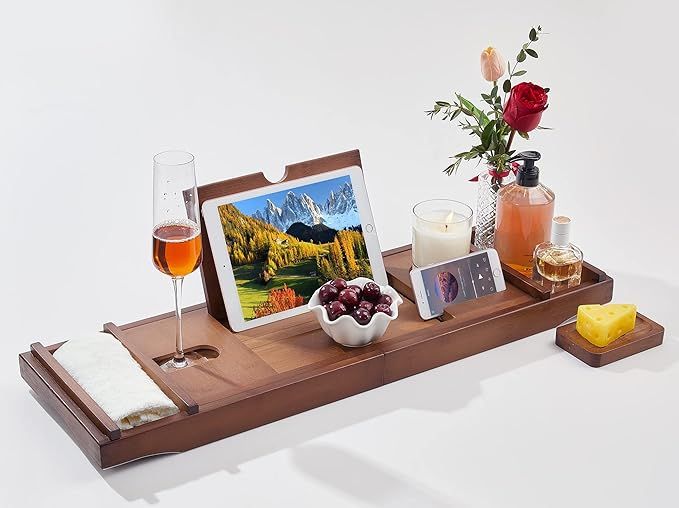 Headley Tools Bathtub Tray, Bamboo Bathtub Caddy with Expandable Handles Wine Glass Phone Holder ... | Amazon (US)