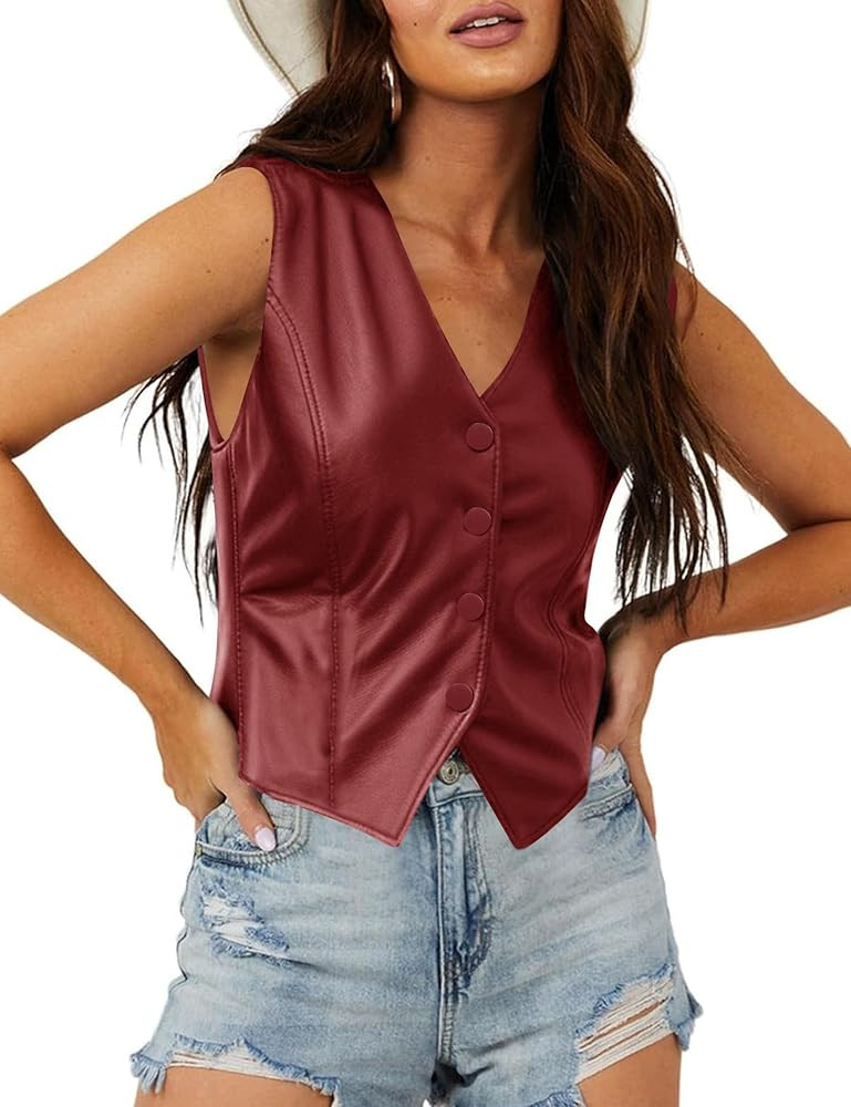 Sunborui Women's Faux Leather Vest Dressy Sleeveless V Neck Button Down Lined Suit Jacket Waistco... | Amazon (US)