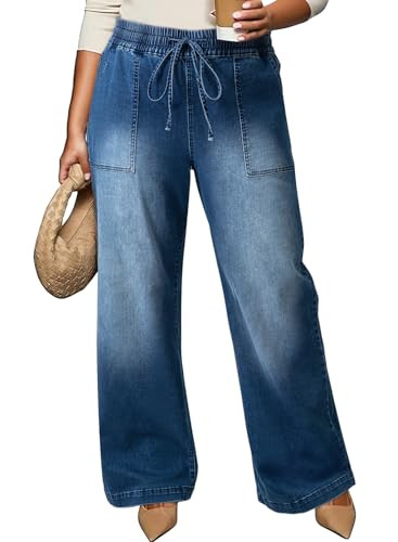 Eytino Womens Plus Size Jeans High Waisted Straight Leg Wide Leg Jean Trendy Stretchy Drawstring ... | Amazon (US)