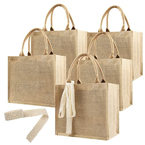 HEVMEVENI 5 Pack Burlap Tote Bags Bulk, Reusable Jute Tote Bag with 7Yd Ribbon Blank Burlap Gift Bag with Handle Waterproof Beach Tote Bag for Bachelorette Gift Bags 12.2''x10.6''x6.3'' | Amazon (US)
