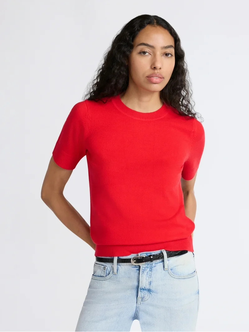 Free Assembly Women's and Women's Plus Cozy Yarn Shrunken Sweater Tee with Short Sleeves, Lightwe... | Walmart (US)